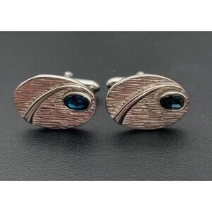 Vintage Swank Silver Tone Brushed Finish Sapphire Blue Rhinestone Cuff Links